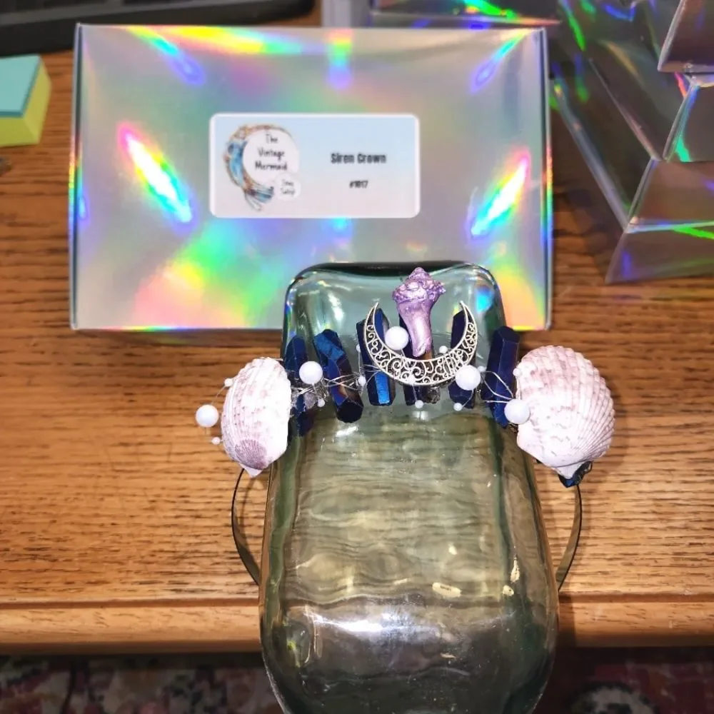 Siren Crown Blue Irredessant Crystal Quartz, Shell, Pearl, and Moon!